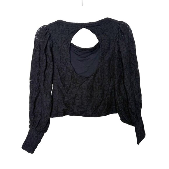 Free People Tea Time Blouse Women M Black Lace Open Back Puffed Sleeves Boho NWT - Picture 2 of 11